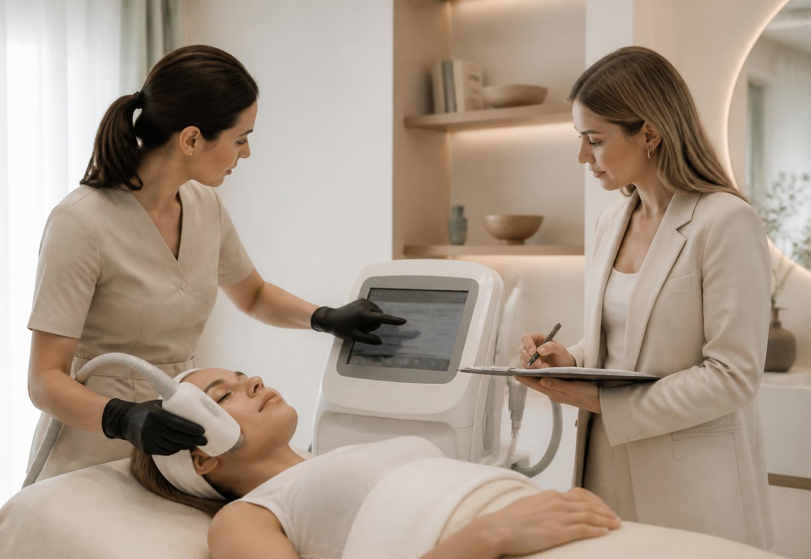 Profissional conduzindo treinamento prático de tecnologia estética em clínica